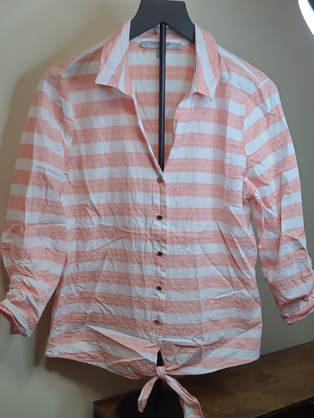 Marc New York White & Coral Pink Striped Tie-Front Button-Up Blouse size Medium